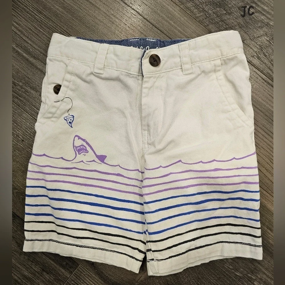 Kid's sz 6 White Denim Shark Pizza‎ Graphic Striped Chino Shorts Animal Beach